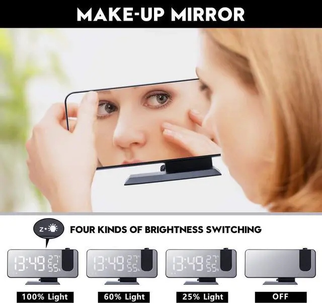 Alt view image 4 of 7 - Projection Alarm Clock for Bedroom Ceiling Digital Radio with USB Charger Ports, 7.3" Large LED Screen, 4 Dimmer, Dual Alarm Clock with 2 Sounds, Snooze, Black