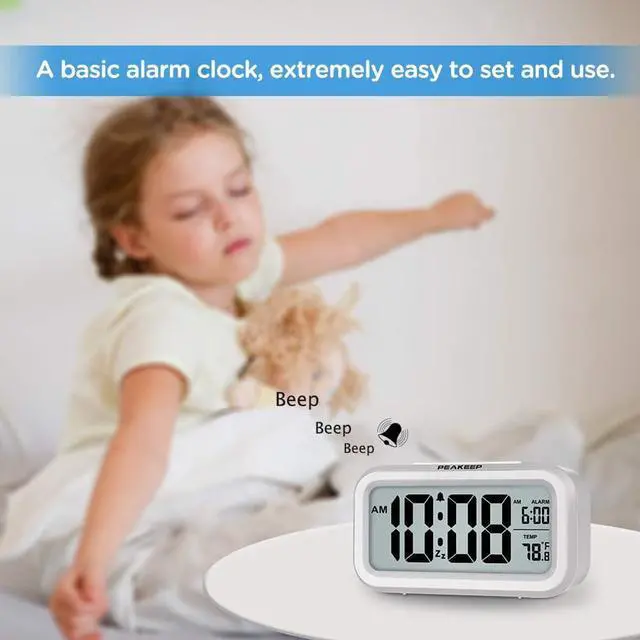Alt view image 2 of 7 - Peakeep Night Light Digital Alarm Clock Battery Operated with Indoor Temperature, Desk Small Clock (White)