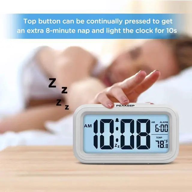 Alt view image 3 of 7 - Peakeep Night Light Digital Alarm Clock Battery Operated with Indoor Temperature, Desk Small Clock (White)