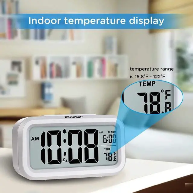 Alt view image 4 of 7 - Peakeep Night Light Digital Alarm Clock Battery Operated with Indoor Temperature, Desk Small Clock (White)