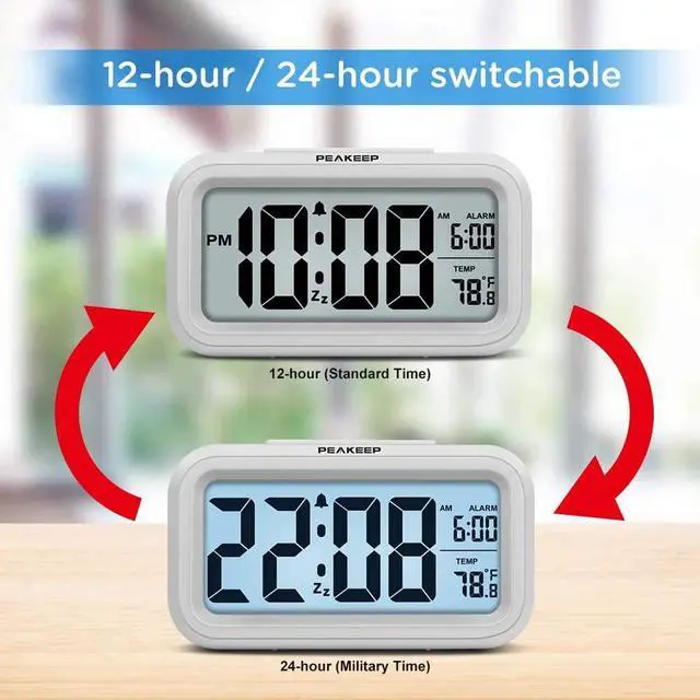 Alt view image 5 of 7 - Peakeep Night Light Digital Alarm Clock Battery Operated with Indoor Temperature, Desk Small Clock (White)