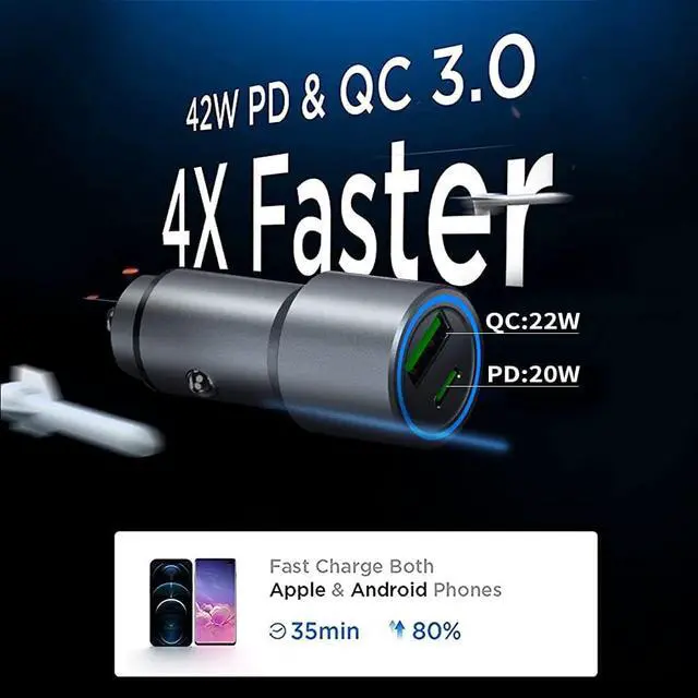 Alt view image 3 of 7 - USB PD Type C Car Charger, 42w QC3.0 Fast Charge Adapter,Car Adapter Cigarette Lighter Compatible with iPhone 13/13Pro/13 Pro Max/12/XS, Samsung Xiaomi and More, Include a 3-in-1 Charging Cable