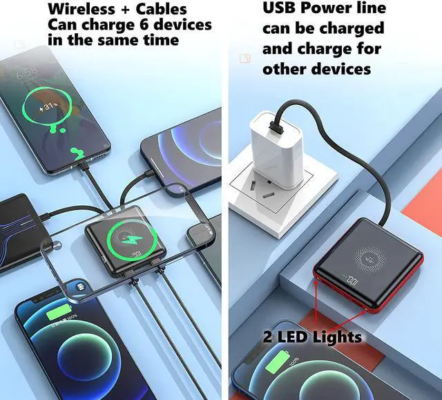 Alt view image 5 of 5 - 10000mAh Magsafe Power Bank with Built in 4 Cables,Slim Quick Charging Portable Charger,Travel External Backup Battery Compatible with iPhone Android Almost Cell Phones (Red)