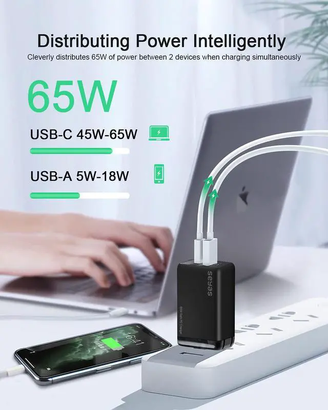 Alt view image 2 of 6 - USB C Charger, Seyas 65W Fast Charger Power Delivery 3.0 GaN Tech Wall Charger Foldable Power Adapter PD Charger for iPhone/MacBook/iPad/Airpods/Pixel/Galaxy/Switch and More, Black