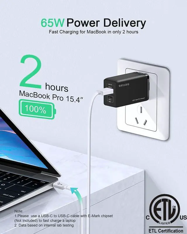 Alt view image 3 of 6 - USB C Charger, Seyas 65W Fast Charger Power Delivery 3.0 GaN Tech Wall Charger Foldable Power Adapter PD Charger for iPhone/MacBook/iPad/Airpods/Pixel/Galaxy/Switch and More, Black