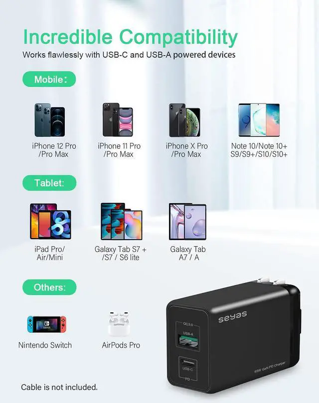 Alt view image 6 of 6 - USB C Charger, Seyas 65W Fast Charger Power Delivery 3.0 GaN Tech Wall Charger Foldable Power Adapter PD Charger for iPhone/MacBook/iPad/Airpods/Pixel/Galaxy/Switch and More, Black