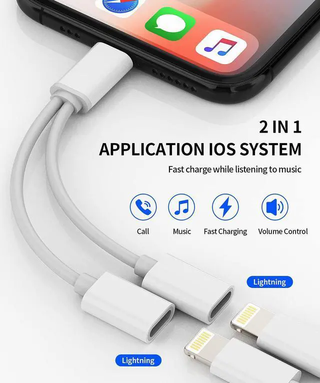 Alt view image 2 of 4 - Converter Compatible with iPhone Headphone Adapter Compatible for Lightning Double to Audio Jack and Charger Earphone Charging Splitter 11 12 Mini pro xs xr x 7 8 plus Connector for ipad air for Apple