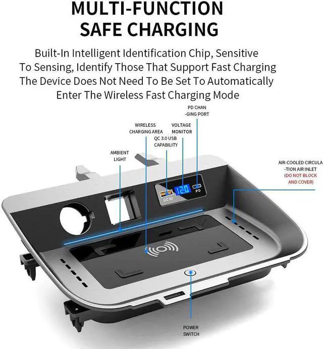Alt view image 2 of 6 - Car Wireless Charger Mount fit for Toyota RAV4 2019-2024,QC 3.0 Fast Charging Compatible with iPhone,,Qi WPC Qi 3.0 Wireless Charging,2 USB Port 36W Wireless Charger Pad