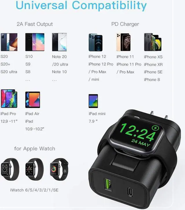 Alt view image 6 of 7 - Fast Charger, 24W USB C Charger for iPhone 13/12/Mini/12 Pro Max, Wall Charger with Foldable Apple Watch Wireless Charger, PD Charger for iPhone, AirPods
