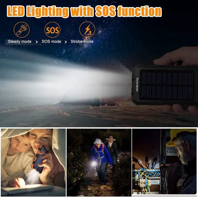 Alt view image 5 of 7 - Solar Charger Power Bank, 20000mAh Portable Outdoor Waterproof Solar Battery Charger, Camping External Backup Battery Pack USB C Ports Input/Output, 2 Led Light Flashlight with Compass (Orange)
