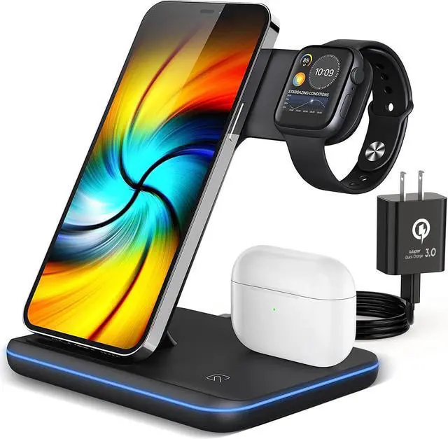 Main image of Wireless Charging Station, 2021 Upgraded 3 in 1 Wireless Charger Stand with Breathing Indicator Compatible with iPhone 12/11 Pro/XS/8, iWatch Series