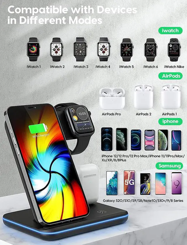 Alt view image 2 of 7 - Wireless Charging Station, 2022 Upgraded 3 in 1 Wireless Charger Stand with Breathing Indicator Compatible with iPhone 14/13/12/11 Pro/XS, AirPods 3/2/1/pro 2, iWatch Series 8/7/6/5/4/3,Samsung Phones