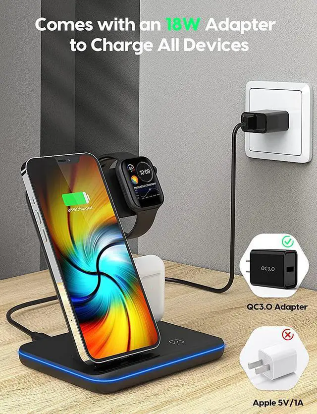 Alt view image 4 of 7 - Wireless Charging Station, 2021 Upgraded 3 in 1 Wireless Charger Stand with Breathing Indicator Compatible with iPhone 12/11 Pro/XS/8, iWatch Series