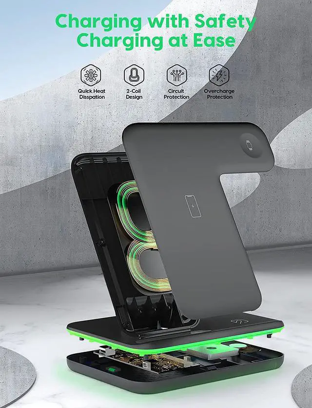 Alt view image 5 of 7 - Wireless Charging Station, 2022 Upgraded 3 in 1 Wireless Charger Stand with Breathing Indicator Compatible with iPhone 14/13/12/11 Pro/XS, AirPods 3/2/1/pro 2, iWatch Series 8/7/6/5/4/3,Samsung Phones