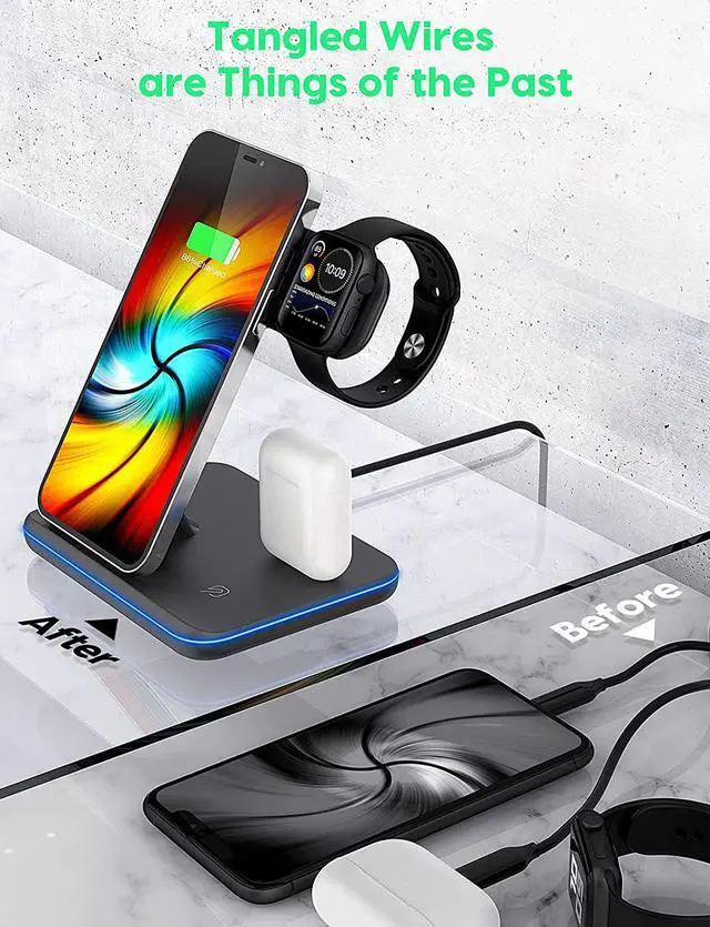 Alt view image 6 of 7 - Wireless Charging Station, 2022 Upgraded 3 in 1 Wireless Charger Stand with Breathing Indicator Compatible with iPhone 14/13/12/11 Pro/XS, AirPods 3/2/1/pro 2, iWatch Series 8/7/6/5/4/3,Samsung Phones