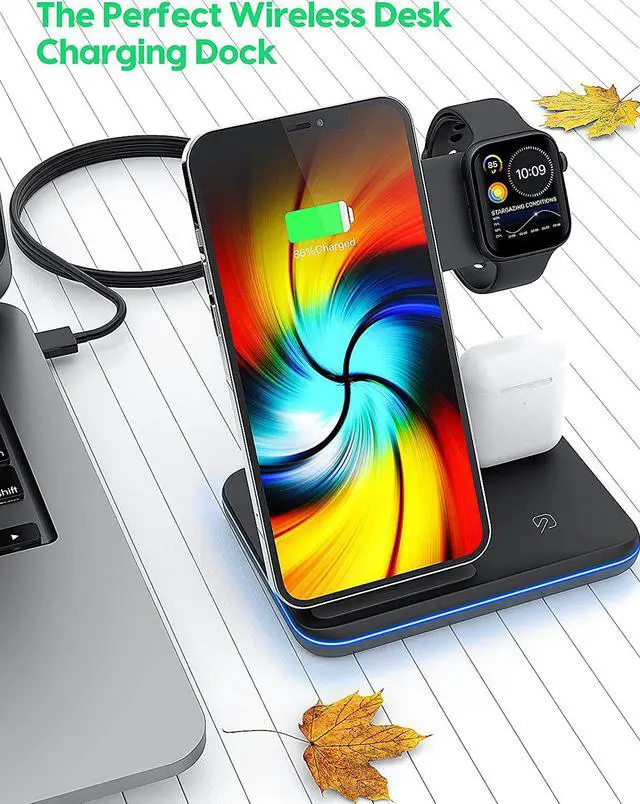 Alt view image 7 of 7 - Wireless Charging Station, 2022 Upgraded 3 in 1 Wireless Charger Stand with Breathing Indicator Compatible with iPhone 14/13/12/11 Pro/XS, AirPods 3/2/1/pro 2, iWatch Series 8/7/6/5/4/3,Samsung Phones