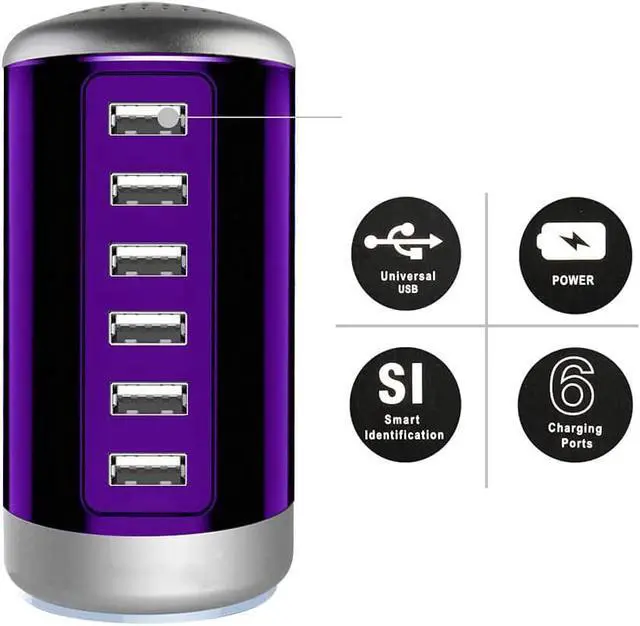Alt view image 2 of 7 - Universal USB Charger 6-Port Desktop USB Charging Station Hub with Smart Identification Technology Compatible with iPhone iPad Cell Phone Tablets(Purple)