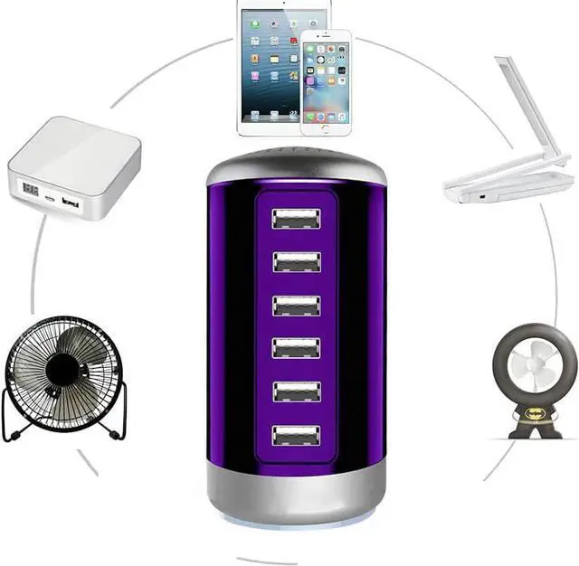 Alt view image 4 of 7 - Universal USB Charger 6-Port Desktop USB Charging Station Hub with Smart Identification Technology Compatible with iPhone iPad Cell Phone Tablets(Purple)