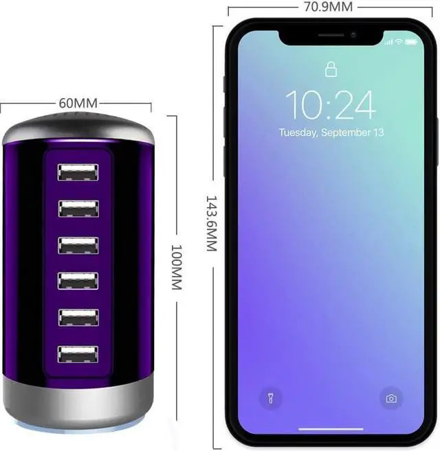 Alt view image 5 of 7 - Universal USB Charger 6-Port Desktop USB Charging Station Hub with Smart Identification Technology Compatible with iPhone iPad Cell Phone Tablets(Purple)
