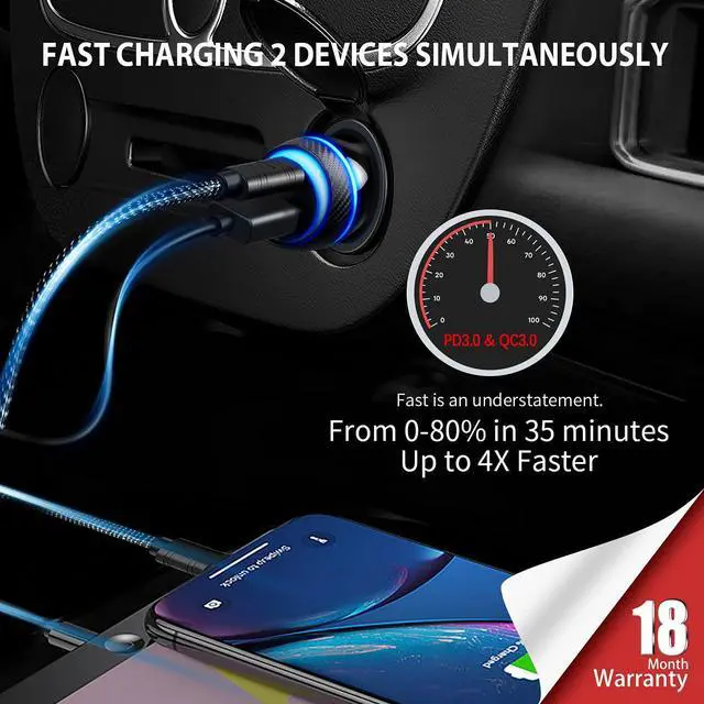 Alt view image 3 of 6 - Type C Super Fast Charger Car 45W, [PD/PPS+QC] Dual Fast Charging Car Cigarette Lighter Adapter Compatible with Samsung S25/S24/S23, iPhone 16/15 Pro Max, Pixel 9  4FT Type C Cord