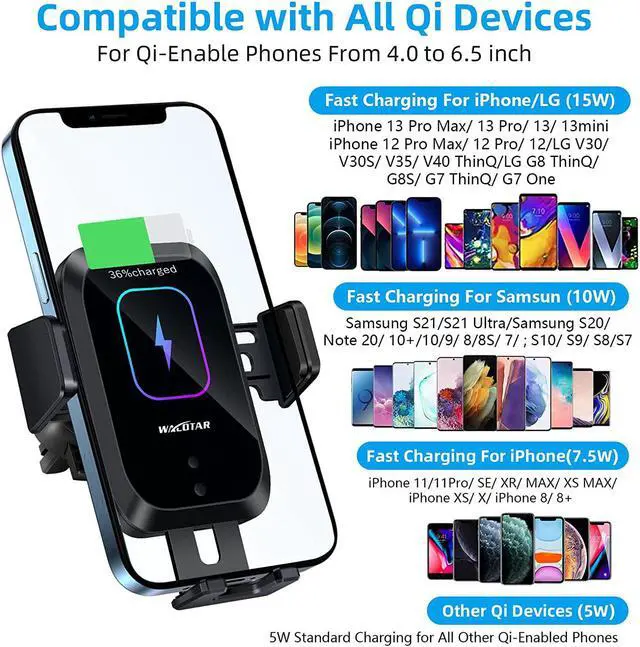 Alt view image 6 of 6 - Wireless Car Charger-Cup Holder Phone Mount,Automatic Infrared Smart Sensor Clamping Qi 15W Fast Universal Adjustable Cell Phone Wireless Charging Air Vent Cradle