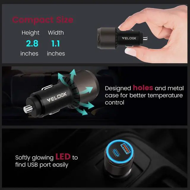 Alt view image 7 of 7 - VELOGK Super Fast Type C Car Charger [73W Turbo], Metal Adaptive 55W 45W PPS/PD&QC3.0 USB C Car Adapter[Super Fast Charging 2.0]for Samsung S25 Ultra/S24 Ultra/S23 Ultra/S22+/S21/S20,iPad Pro,Macbook