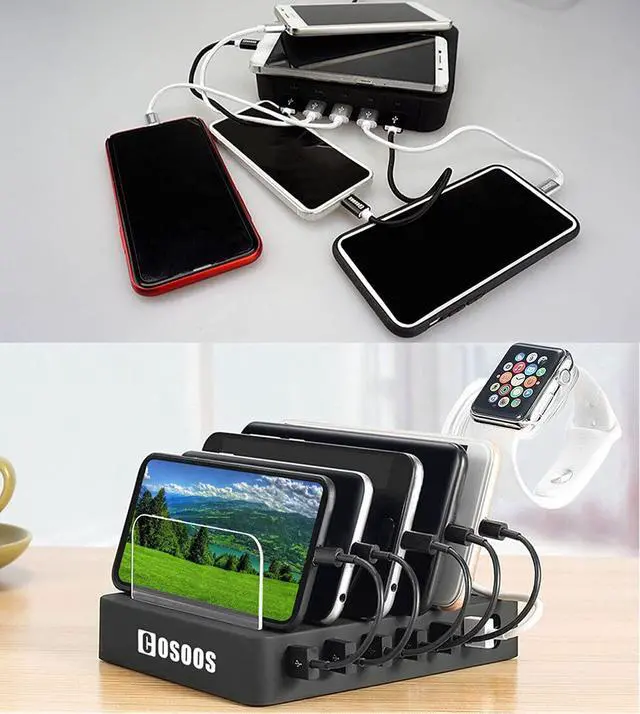 Alt view image 4 of 7 - COSOOS Fastest Charging Station with QC 3.0, 63 W 6-Port USB Charging Station for Multiple Devices with 6 Mixed Short Cable & iWatch Stand, Multi Charger Station for Cell Phone, Tablet
