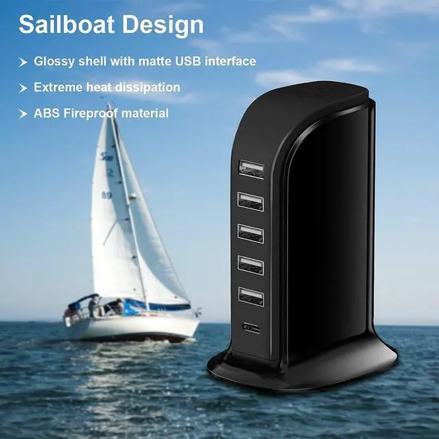 Alt view image 2 of 6 - Charger Block 6 in 1 Upoy, 40W USB C Charger 3A, Charging Hub with 5 USB Ports(Shared 6A) for Multiple Electronics, USB Charging Station Multiports, Universal Desktop Phone Charger Travel Ready, Black