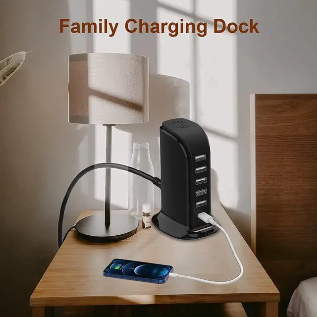 Alt view image 5 of 6 - Charger Block 6 in 1 Upoy, 40W USB C Charger 3A, Charging Hub with 5 USB Ports(Shared 6A) for Multiple Electronics, USB Charging Station Multiports, Universal Desktop Phone Charger Travel Ready, Black
