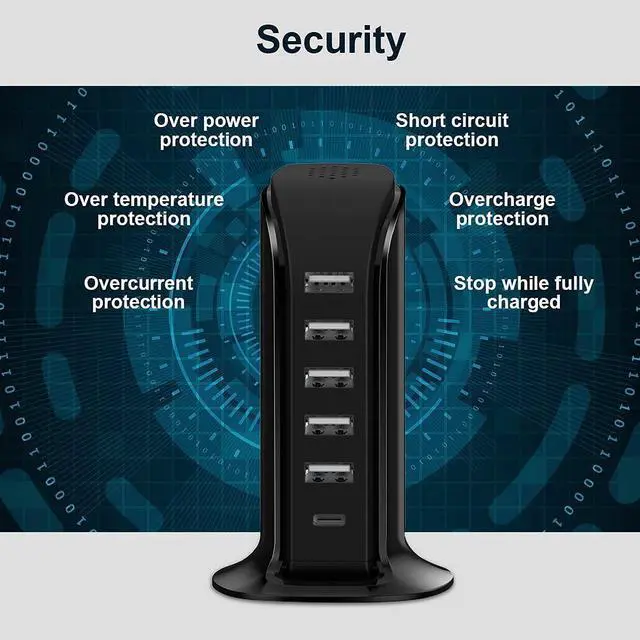 Alt view image 6 of 6 - Charger Block 6 in 1 Upoy, 40W USB C Charger 3A, Charging Hub with 5 USB Ports(Shared 6A) for Multiple Electronics, USB Charging Station Multiports, Universal Desktop Phone Charger Travel Ready, Black