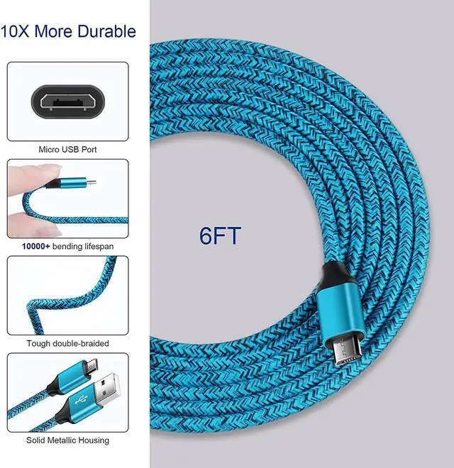 Alt view image 3 of 7 - 18W QC3.0 Fast Wall Charger Plug for Android Phone Fast Charging for Fire Tablet, Kindle, Samsung Galaxy J3 J5 J7 J8 S7 S6, PS4 Xbox LG K40 K20, Moto E4 E5 E6, Micro USB Charger Cable Cord 6FT 2Pack