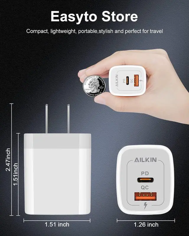 Alt view image 4 of 7 - 3Pack Dual Port USB-C Wall Plug-in USBC Charger, AILKIN 20W Power Delivery | QC3.0 USB A Double Port Fast Charging Block for iPhone 17 15 14 13 12 Pro Max 14 Pro Mini 16Pro Max 16 Plus 16E X XS Cube