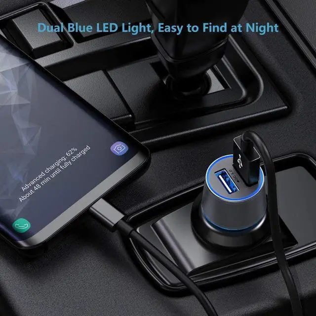 Alt view image 5 of 7 - Fast USB Car Charger for  Galaxy A55/A54/A53/A50/A15/A14/S25/S24/S23/S22/S21 Plus/Ultra/S10/S9/S8/Note 20/A10S/A21/A31/A51 Quick Charge 3.0 Dual USB Rapid Car Charger with Type C Cable 3.3ft