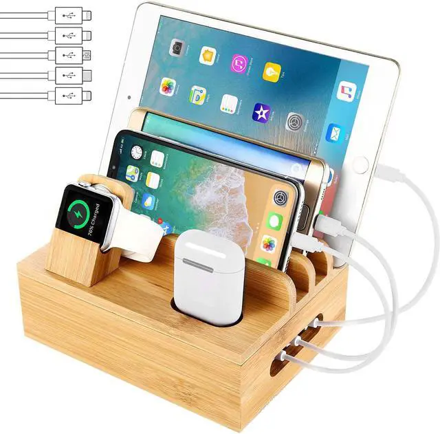 Main image of Bamboo Charging Station Dock for 4/5 / 6 Ports USB Charger with 5 Charging Cables Included, Desktop Docking Station Organizer for Cellphone,Smart Watch,Tablet(No Power Supply)