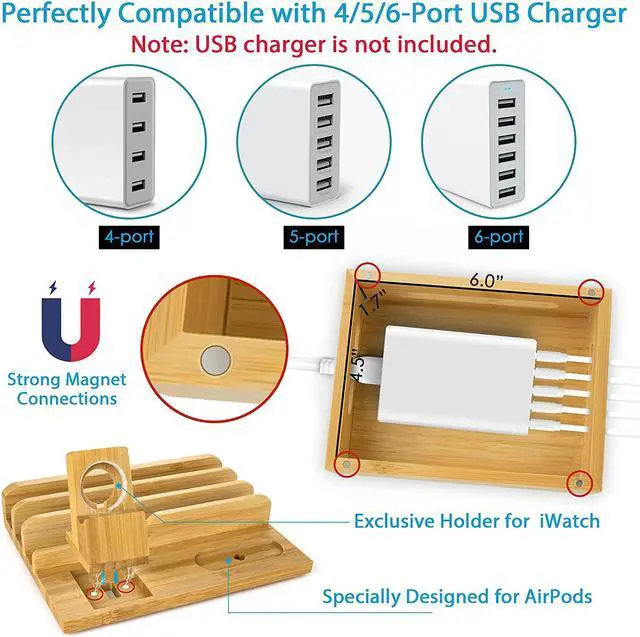 Alt view image 2 of 7 - Bamboo Charging Station Dock for 4/5 / 6 Ports USB Charger with 5 Charging Cables Included, Desktop Docking Station Organizer for Cellphone,Smart Watch,Tablet(No Power Supply)