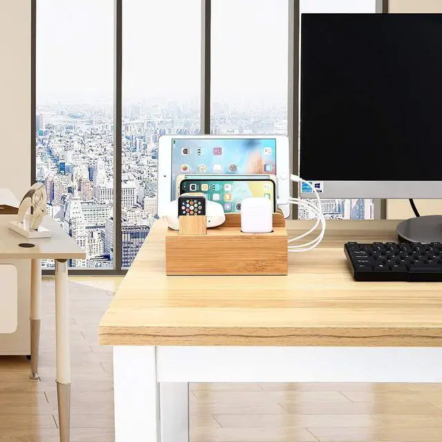 Alt view image 7 of 7 - Bamboo Charging Station Dock for 4/5 / 6 Ports USB Charger with 5 Charging Cables Included, Desktop Docking Station Organizer for Cellphone,Smart Watch,Tablet(No Power Supply)