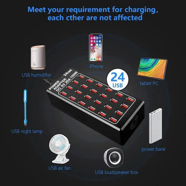 Alt view image 2 of 7 - 24-Port 100 watt (20 A) USB Charging Station, Home Desktop USB Fast Charger, Multiple USB Desktop Chargers, Suitable for Hotels, Shops, Schools, Shopping malls and Travel