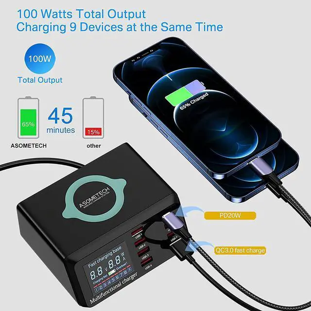 Alt view image 3 of 7 - USB Charger Hub ASOMETECH 100W 8-Port Desktop Multiple USB Charging Station with PD Port, Quick Charge 3.0 USB Port, Wireless Charger, LCD Display Fast USB C Charger for iPhone 12, Tablet and More