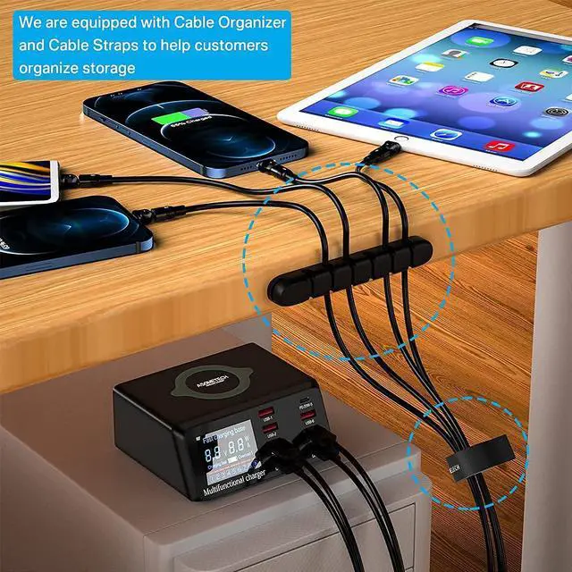 Alt view image 7 of 7 - USB Charger Hub ASOMETECH 100W 8-Port Desktop Multiple USB Charging Station with PD Port, Quick Charge 3.0 USB Port, Wireless Charger, LCD Display Fast USB C Charger for iPhone 12, Tablet and More