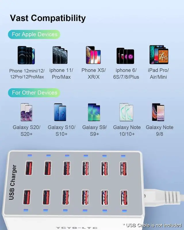Alt view image 6 of 7 - USB Charger 12-Ports USB Charging Station for Multiple Devices USB Wall Charger Power Hub Strip Smart Plug Charging Dock Block for iPhone Xs/XR,iPad,iPod,Galaxy S9/S8,Laptops and Smart Phones 60W