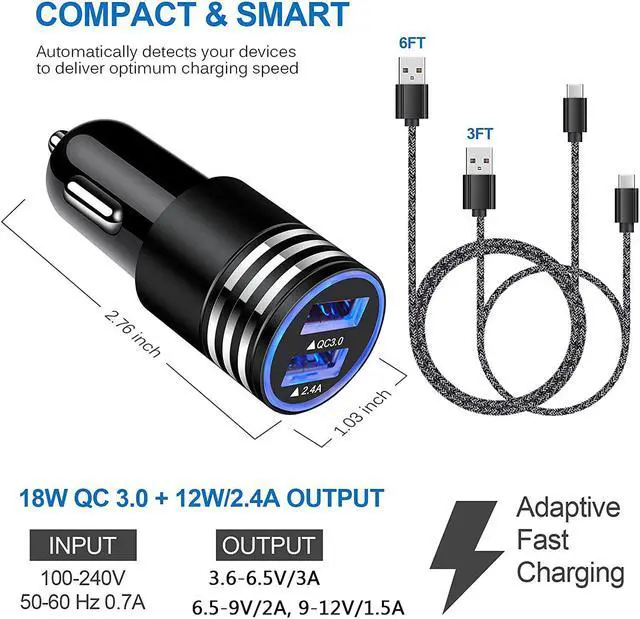 Alt view image 3 of 7 - Type C Charger Fast Charger for Samsung Galaxy S24 S23 S22 S21 S20 A15 A54 A14 A53 A13,LG Stylo 6 5,Moto G Pure/G Power/G Stylus/G Play,Quick Charge 3.0 Car Charger Wall Adapter +3FT 6FT USB C Cable