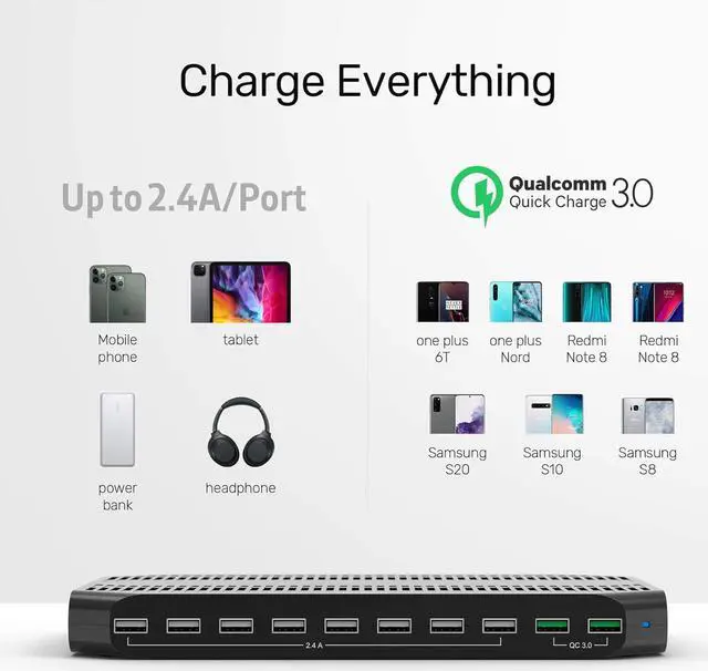 Alt view image 4 of 7 - Alxum USB Charging Station 10 Port with 2 QC 3.0, Multi Fast Charging Dock Station for Multiple Devices, Organizer Stand with Detachable Dividers for Cell Phones, Tablets, and Other Electronics, Black