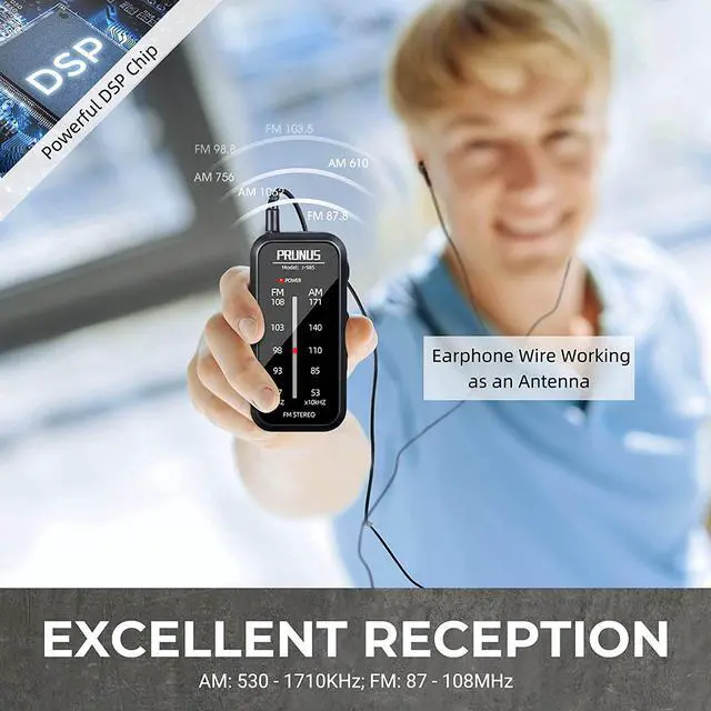 Alt view image 2 of 6 - PRUNUS J-985 Pocket Radio Mini AM FM Stereo Radio Portable Battery Radio | Includes Headphones, with Back Clip and Signal Indicator, Operated by AAA Batteries for Emergency,Walking,Running