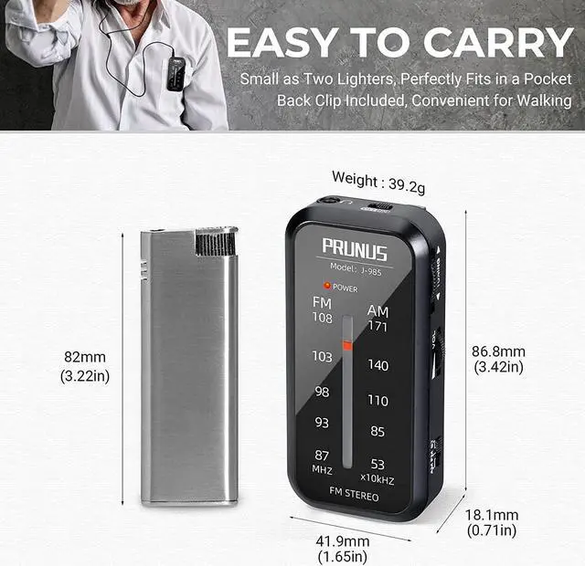Alt view image 3 of 6 - PRUNUS J-985 Pocket Radio Mini AM FM Stereo Radio Portable Battery Radio | Includes Headphones, with Back Clip and Signal Indicator, Operated by AAA Batteries for Emergency,Walking,Running