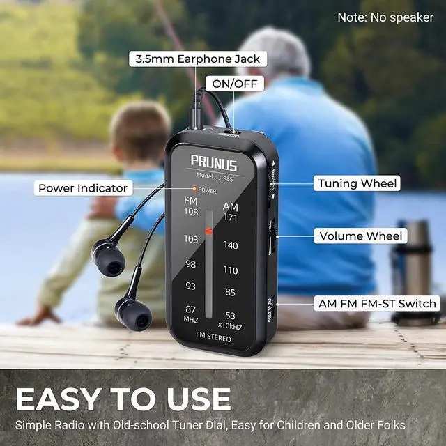 Alt view image 4 of 6 - PRUNUS J-985 Pocket Radio Mini AM FM Stereo Radio Portable Battery Radio | Includes Headphones, with Back Clip and Signal Indicator, Operated by AAA Batteries for Emergency,Walking,Running