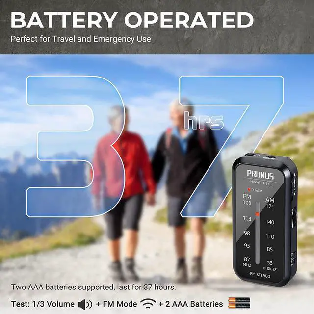 Alt view image 6 of 6 - PRUNUS J-985 Pocket Radio Mini AM FM Stereo Radio Portable Battery Radio | Includes Headphones, with Back Clip and Signal Indicator, Operated by AAA Batteries for Emergency,Walking,Running