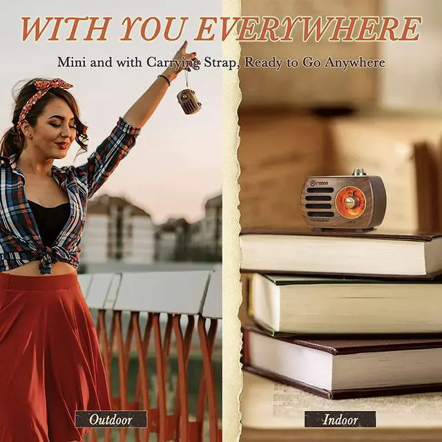 Alt view image 5 of 6 - PRUNUS Wood Retro FM Radio Bluetooth Mini Portable Wooden Old Vintage Radio Speaker, Rechargeable Battery Operated, Strong Bass Enhancement, Loud Volume, Support AUX in (Walnut) R-818