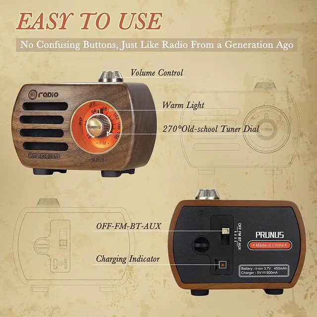 Alt view image 6 of 6 - PRUNUS Wood Retro FM Radio Bluetooth Mini Portable Wooden Old Vintage Radio Speaker, Rechargeable Battery Operated, Strong Bass Enhancement, Loud Volume, Support AUX in (Walnut) R-818