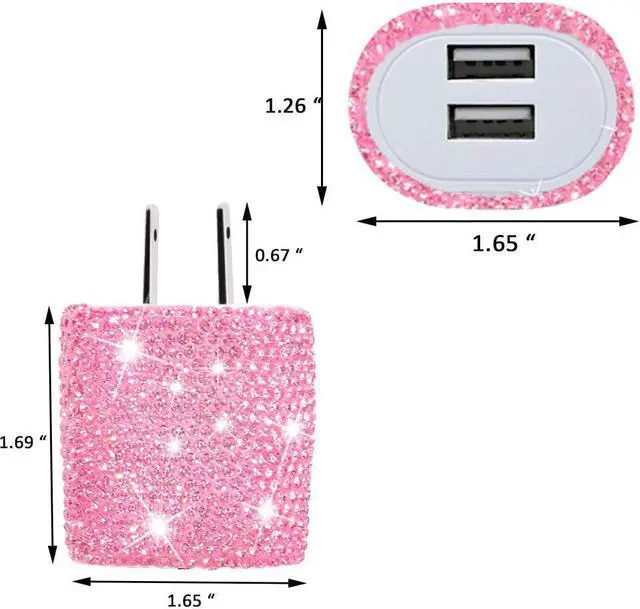 Alt view image 3 of 6 - USB Wall Charger Bling 5V/2.4A 24W Dual Port Fast Charger Plug Cell Phone Block Adapter Pink for iPhone Android Samsung iPad Tablet etc.