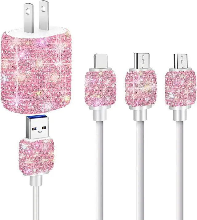 Alt view image 2 of 7 - Bling USB Wall Charger with Charging Cable,Fast Block for iPhone Android,3-in-1 Multi Charger Cable Micro USB Type C Multiple USB Cord with Crystal Decor,Cell Phone Accessories for Women,Girls (Pink)